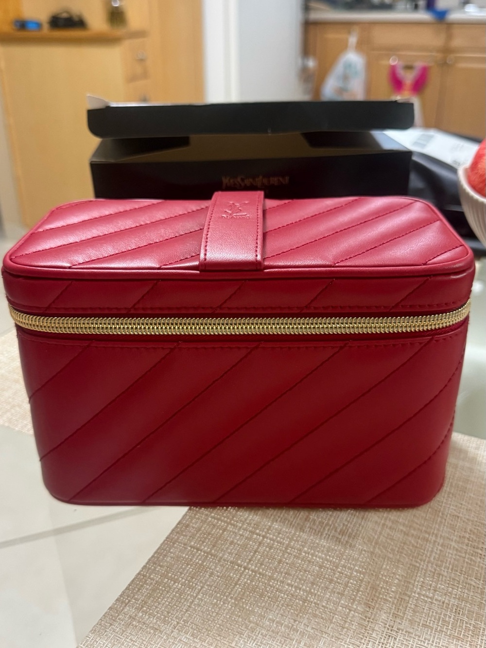 Saint Laurent Red Quilted Leather Vanity Case with Gold Zipper